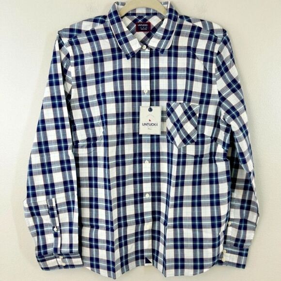 Untuckit Long Sleeve Button Down 100% Cotton Shirt, Size 10, Blue & White Plaid - Picture 1 of 8